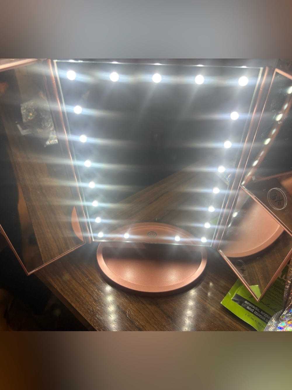 LED Lighted Tri-Fold Vanity Mirror - Rose Gold